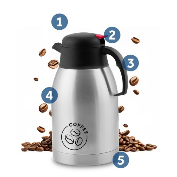 Termosz kancsó, Berdsen BD-780, 2000 ml, ezüst, rozsdamentes acél, duplafalú, meleg és hideg italokhoz, 12 órás hőmegtartás, kávéhoz