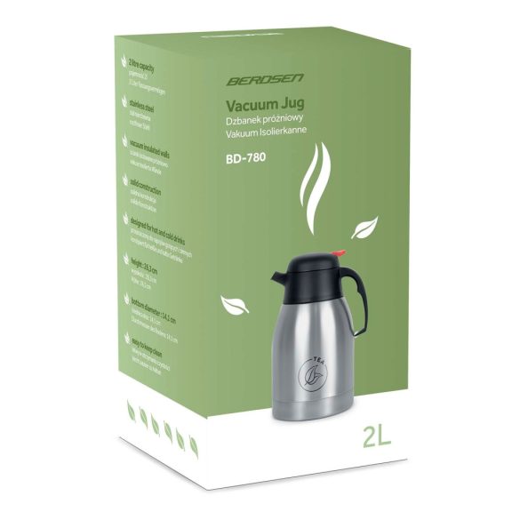 Termosz kancsó, Berdsen BD-780, 2000 ml, ezüst, rozsdamentes acél, duplafalú, meleg és hideg italokhoz, 12 órás hőmegtartás, teához