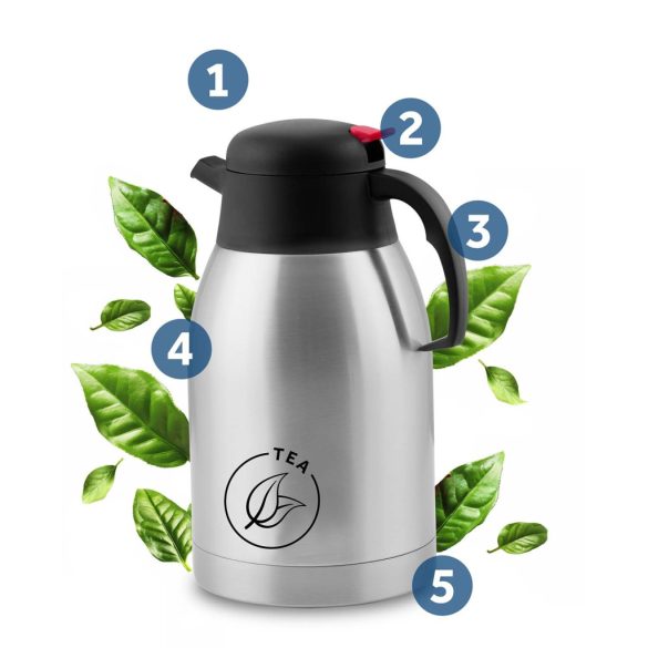 Termosz kancsó, Berdsen BD-780, 2000 ml, ezüst, rozsdamentes acél, duplafalú, meleg és hideg italokhoz, 12 órás hőmegtartás, teához