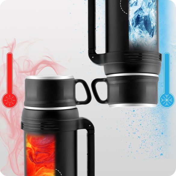 Termosz, Berdsen BD-781, 1500 ml, fekete, rozsdamentes acél, duplafalú, meleg és hideg italokhoz, 12 órás hőmegtartás