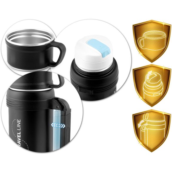 Termosz, Berdsen BD-781, 1500 ml, fekete, rozsdamentes acél, duplafalú, meleg és hideg italokhoz, 12 órás hőmegtartás