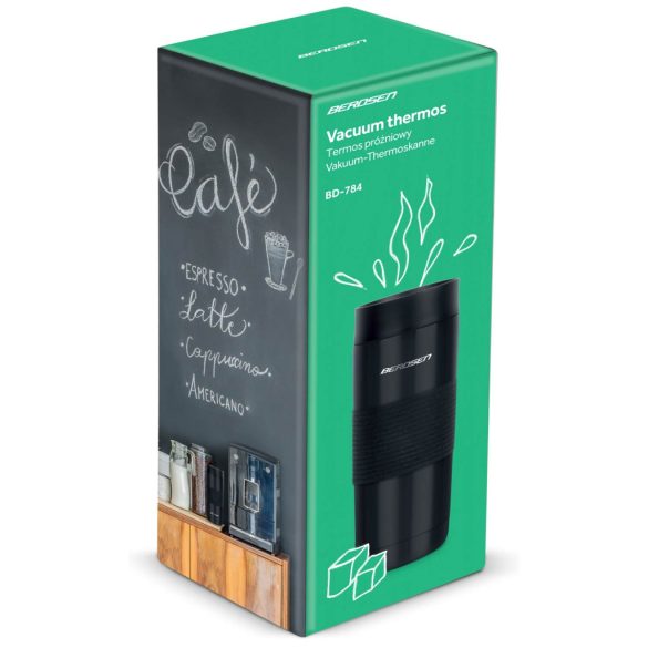 Termosz, Berdsen BD-784, 590 ml, fekete, rozsdamentes acél, duplafalú, szívószálas, meleg és hideg italokhoz, 12 órás hőmegtartás