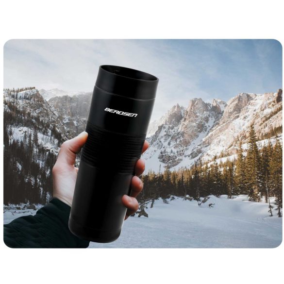 Termosz, Berdsen BD-784, 590 ml, fekete, rozsdamentes acél, duplafalú, szívószálas, meleg és hideg italokhoz, 12 órás hőmegtartás
