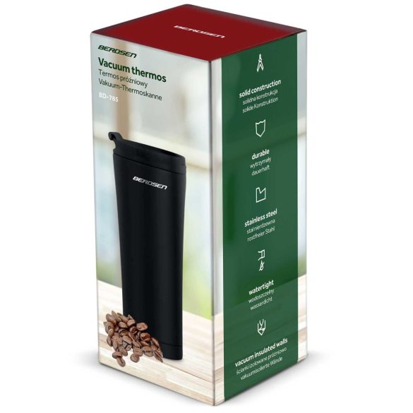 Termosz, Berdsen BD-785, 470 ml, fekete, rozsdamentes acél, duplafalú, meleg és hideg italokhoz, 12 órás hőmegtartás
