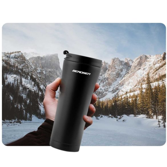 Termosz, Berdsen BD-785, 470 ml, fekete, rozsdamentes acél, duplafalú, meleg és hideg italokhoz, 12 órás hőmegtartás