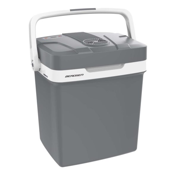 Autós hűtőtáska, Berdsen Icemax, szürke, 26 l, ventilátoros, egyzónás, akár 18°C hűtés, ECO/normál üzemmód, 12 V DC / 230 V AC, 39 dB