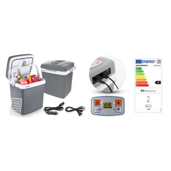 Autós hűtőtáska, Berdsen Icemax, szürke, 26 l, ventilátoros, egyzónás, akár 18°C hűtés, ECO/normál üzemmód, 12 V DC / 230 V AC, 39 dB