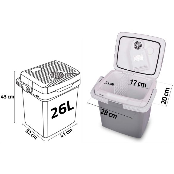 Autós hűtőtáska, Berdsen Icemax, szürke, 26 l, ventilátoros, egyzónás, akár 18°C hűtés, ECO/normál üzemmód, 12 V DC / 230 V AC, 39 dB