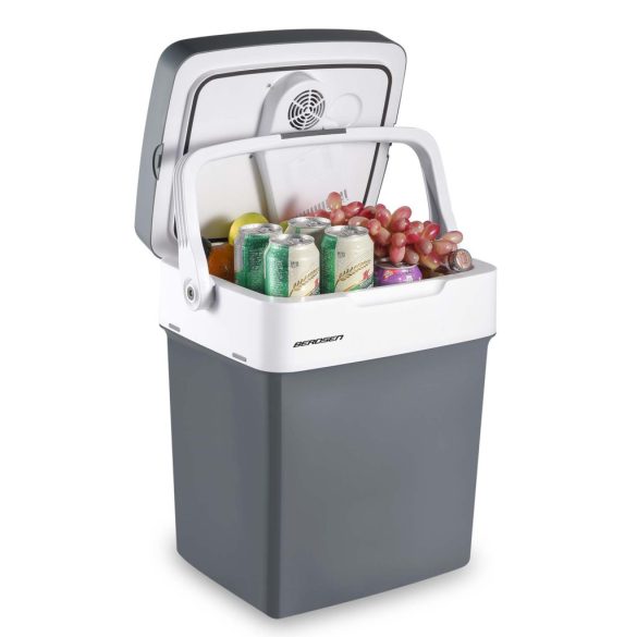 Autós hűtőtáska, Berdsen Icemax, sötétszürke, 26 l, ventilátoros, egyzónás, akár 18°C hűtés, ECO/normál üzemmód, 12 V DC / 230 V AC, 39 dB