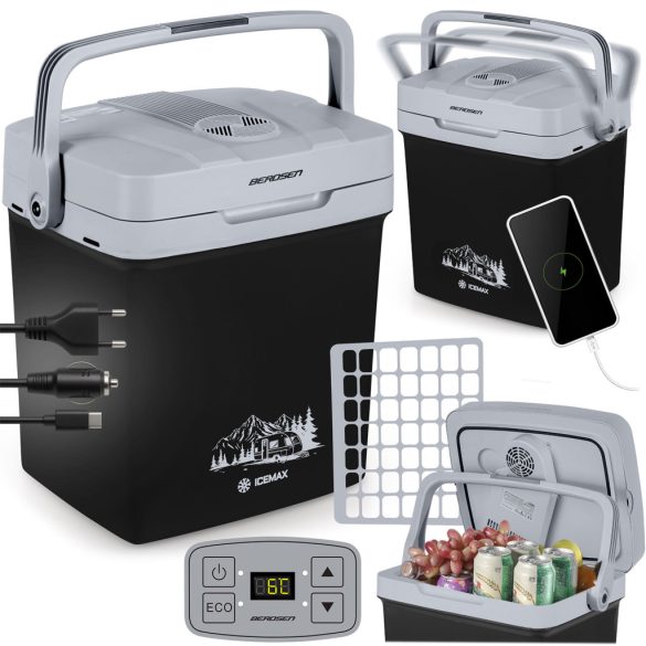 Autós hűtőtáska, Berdsen Icemax, fekete, 26 l, ventilátoros, egyzónás, akár 18°C hűtés, ECO/normál üzemmód, 12 V DC / 230 V AC, 39 dB