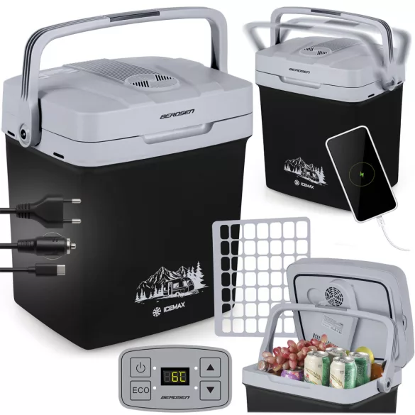 Autós hűtőtáska, Berdsen Icemax, fekete, 26 l, ventilátoros, egyzónás, akár 18°C hűtés, ECO/normál üzemmód, 12 V DC / 230 V AC, 39 dB