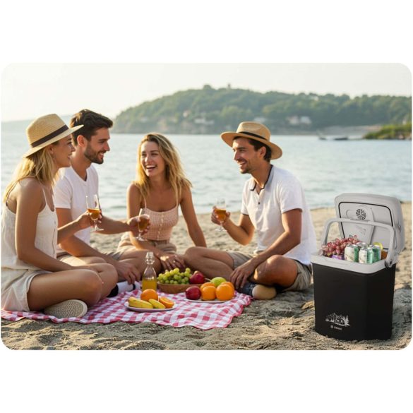Autós hűtőtáska, Berdsen Icemax, fekete, 26 l, ventilátoros, egyzónás, akár 18°C hűtés, ECO/normál üzemmód, 12 V DC / 230 V AC, 39 dB