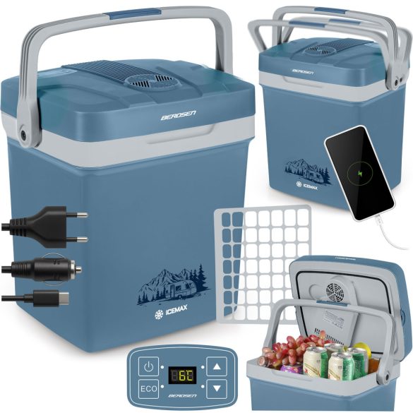 Autós hűtőtáska, Berdsen Icemax, kék, 26 l, ventilátoros, egyzónás, akár 18°C hűtés, ECO/normál üzemmód, 12 V DC / 230 V AC, 39 dB