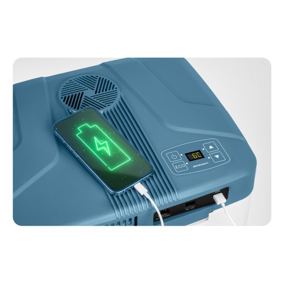 Autós hűtőtáska, Berdsen Icemax, kék, 26 l, ventilátoros, egyzónás, akár 18°C hűtés, ECO/normál üzemmód, 12 V DC / 230 V AC, 39 dB