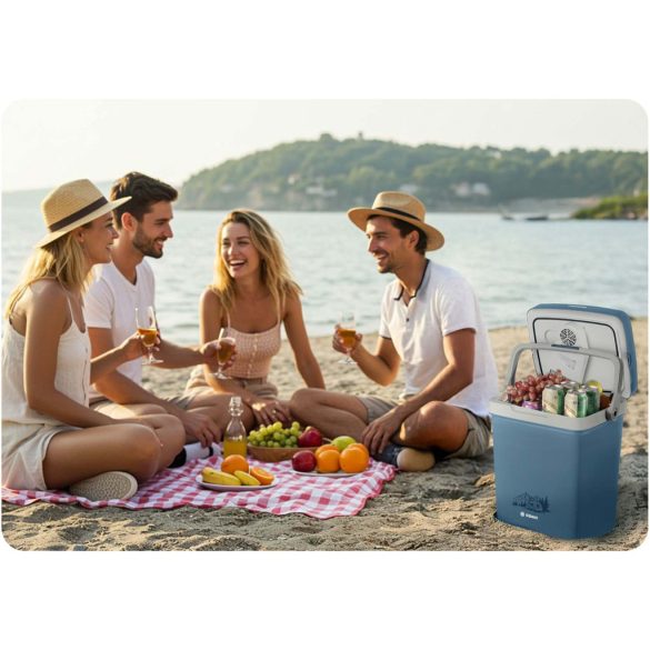 Autós hűtőtáska, Berdsen Icemax, kék, 26 l, ventilátoros, egyzónás, akár 18°C hűtés, ECO/normál üzemmód, 12 V DC / 230 V AC, 39 dB
