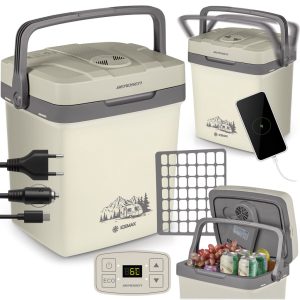 Autós hűtőtáska, Berdsen Icemax, krémszínű, 26 l, ventilátoros, egyzónás, akár 18°C hűtés, ECO/normál üzemmód, 12 V DC / 230 V AC, 39 dB