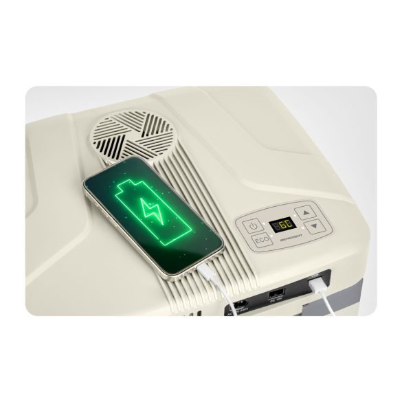 Autós hűtőtáska, Berdsen Icemax, krémszínű, 26 l, ventilátoros, egyzónás, akár 18°C hűtés, ECO/normál üzemmód, 12 V DC / 230 V AC, 39 dB