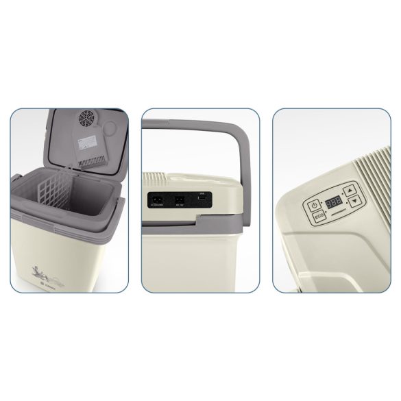 Autós hűtőtáska, Berdsen Icemax, krémszínű, 26 l, ventilátoros, egyzónás, akár 18°C hűtés, ECO/normál üzemmód, 12 V DC / 230 V AC, 39 dB