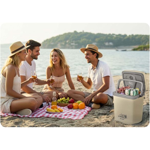 Autós hűtőtáska, Berdsen Icemax, krémszínű, 26 l, ventilátoros, egyzónás, akár 18°C hűtés, ECO/normál üzemmód, 12 V DC / 230 V AC, 39 dB