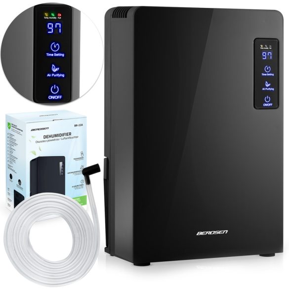 Páramentesítő, Berdsen BR-22A, fekete, 2200 ml tartály, 700 ml/nap, UV-C lámpa és TiO2 szűrő, Peltier-technológia, ultracsendes 34 dB, érintőpanel, időzítő, 90 W