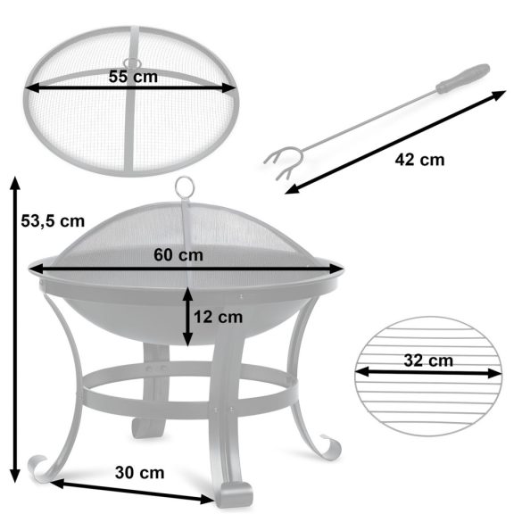 Kerti tűzrakó, Berdsen BD-880, fekete, átmérő: 60 cm, magasság: 53,5 cm, acél lemez, 42 cm piszkavas, szikramentesítő kupola