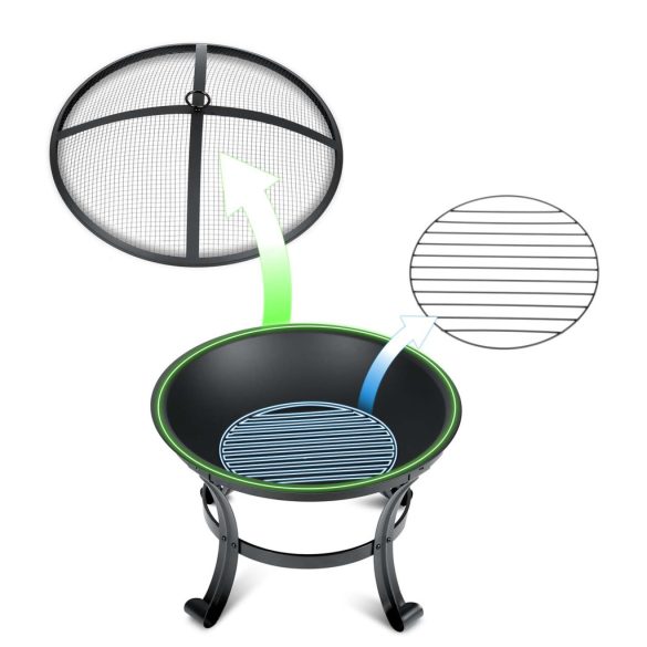 Kerti tűzrakó, Berdsen BD-880, fekete, átmérő: 60 cm, magasság: 53,5 cm, acél lemez, 42 cm piszkavas, szikramentesítő kupola