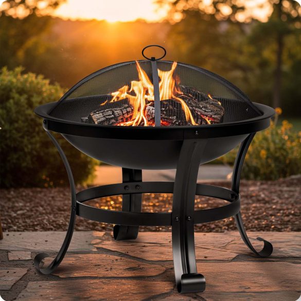 Kerti tűzrakó, Berdsen BD-880, fekete, átmérő: 60 cm, magasság: 53,5 cm, acél lemez, 42 cm piszkavas, szikramentesítő kupola
