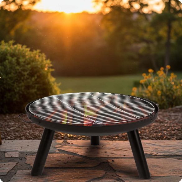 Kerti tűzrakó, Berdsen BD-881, fekete, átmérő: 60 cm, magasság: 27,5 cm, acél lemez, 42 cm piszkavas