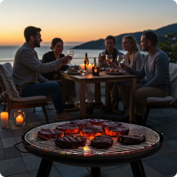 Kerti tűzrakó, Berdsen BD-881, fekete, átmérő: 60 cm, magasság: 27,5 cm, acél lemez, 42 cm piszkavas