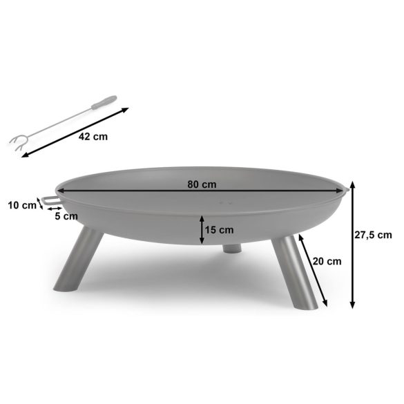 Kerti tűzrakó, Berdsen BD-882, fekete, átmérő: 80 cm, magasság: 27,5 cm, acél lemez, 42 cm piszkavas