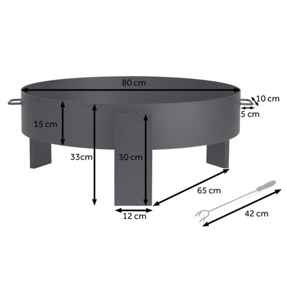 Kerti tűzrakó, Berdsen BD-883, fekete, átmérő: 80 cm, magasság: 33 cm, acél lemez, 42 cm piszkavas