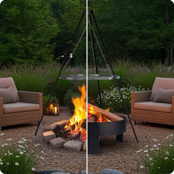 Háromlábú rács tűzrakóhoz, Berdsen BD-884, fekete, átmérő: 80 cm, acél, állítható magasság