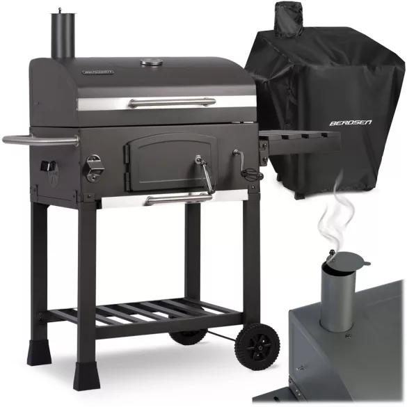 Faszenes grill, Berdsen BD-891, fekete, acél, 122 x 109,5 x 48 cm, kétrészes öntöttvas rács: 57 x 43 cm, kerekek, 389190 vízlepergető védőponyvával