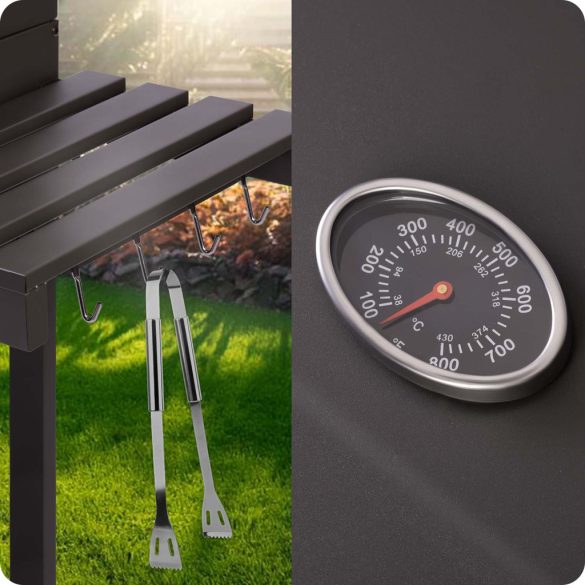 Faszenes grill, Berdsen BD-891, fekete, acél, 122 x 109,5 x 48 cm, kétrészes öntöttvas rács: 57 x 43 cm, kerekek