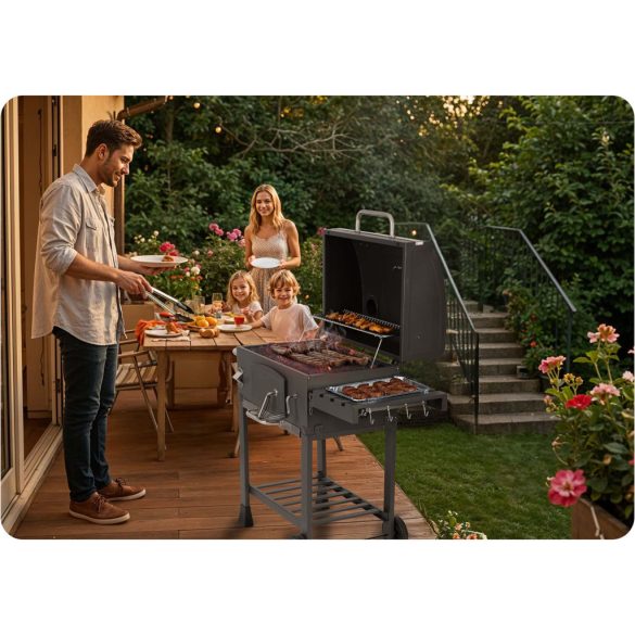 Faszenes grill, Berdsen BD-891, fekete, acél, 122 x 109,5 x 48 cm, kétrészes öntöttvas rács: 57 x 43 cm, kerekek