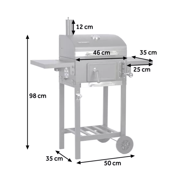 Faszenes grill, Berdsen BD-892, antracit, acél, 110 x 96 x 35 cm, kétrészes öntöttvas rács: 42 x 31,5 cm, kerekek, 389190 vízlepergető védőponyvával