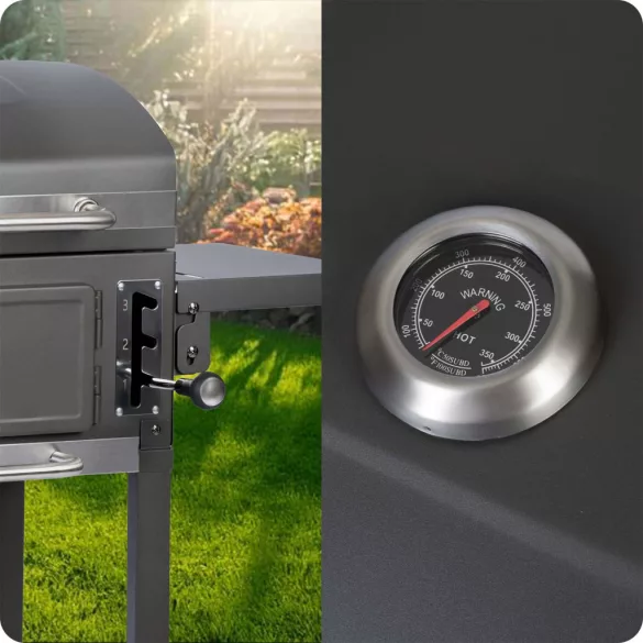 Faszenes grill, Berdsen BD-892, antracit, acél, 110 x 96 x 35 cm, kétrészes öntöttvas rács: 42 x 31,5 cm, kerekek