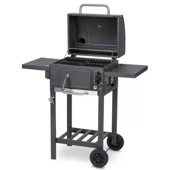 Faszenes grill, Berdsen BD-892, antracit, acél, 98 x 96 x 35 cm, kétrészes öntöttvas rács: 42 x 31,5 cm, kerekek, 389190 vízlepergető védőponyvával
