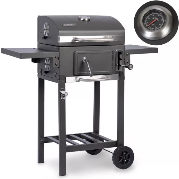 Faszenes grill, Berdsen BD-892, antracit, acél, 98 x 96 x 35 cm, kétrészes öntöttvas rács: 42 x 31,5 cm, kerekek