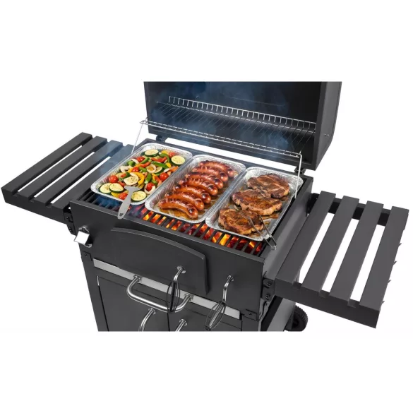 Faszenes grill, Berdsen, BD-893, fekete, acél, 122 x 122,5 x 67 cm, kéménnyel, beépített hőmérő, öntöttvas rács: 57 x 41,5 cm, kerekek