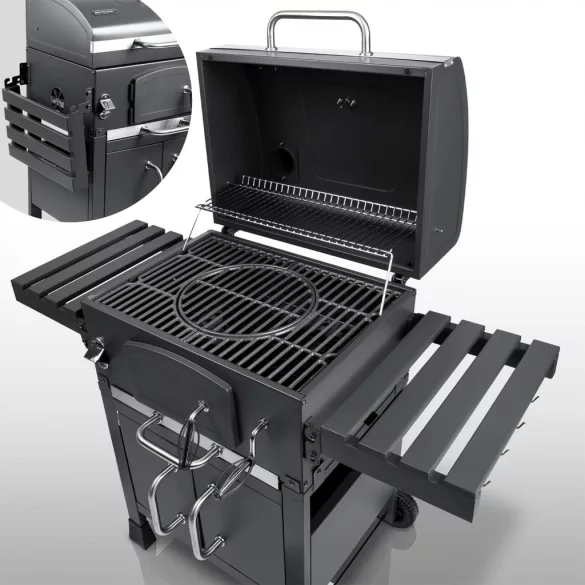 Faszenes grill, Berdsen, BD-893, fekete, acél, 122 x 122,5 x 67 cm, kéménnyel, beépített hőmérő, öntöttvas rács: 57 x 41,5 cm, kerekek