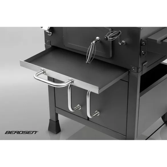 Faszenes grill, Berdsen, BD-893, fekete, acél, 122 x 122,5 x 67 cm, kéménnyel, beépített hőmérő, öntöttvas rács: 57 x 41,5 cm, kerekek