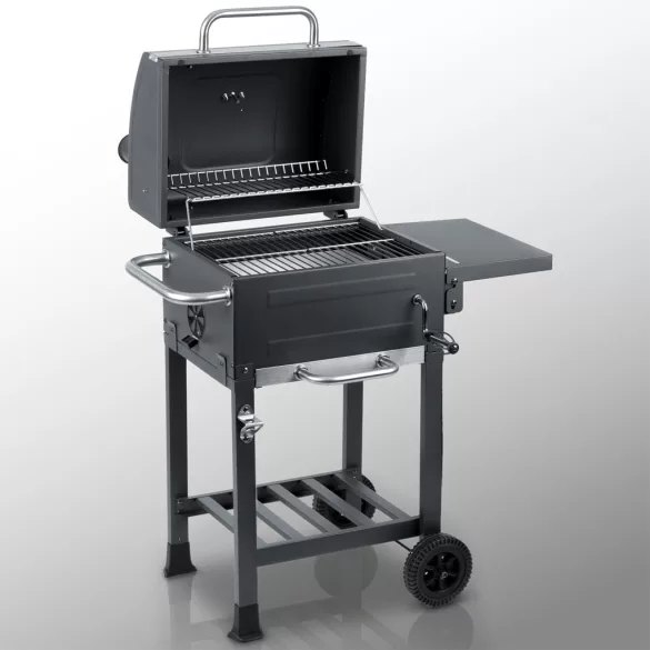 Faszenes grill, Berdsen, BD-894, fekete, acél, 107 x 80 x 50 cm, kéménnyel, beépített hőmérő, öntöttvas rács: 46 x 35 cm, kerekek