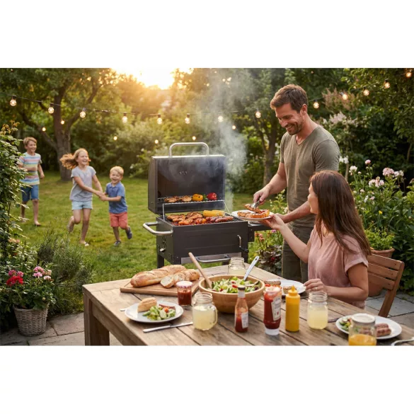 Faszenes grill, Berdsen, BD-894, fekete, acél, 107 x 80 x 50 cm, kéménnyel, beépített hőmérő, öntöttvas rács: 46 x 35 cm, kerekek