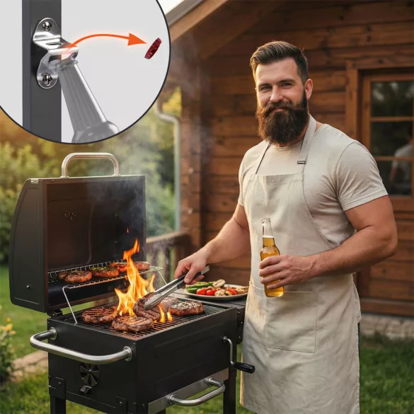 Faszenes grill, Berdsen, BD-894, fekete, acél, 107 x 80 x 50 cm, kéménnyel, beépített hőmérő, öntöttvas rács: 46 x 35 cm, kerekek
