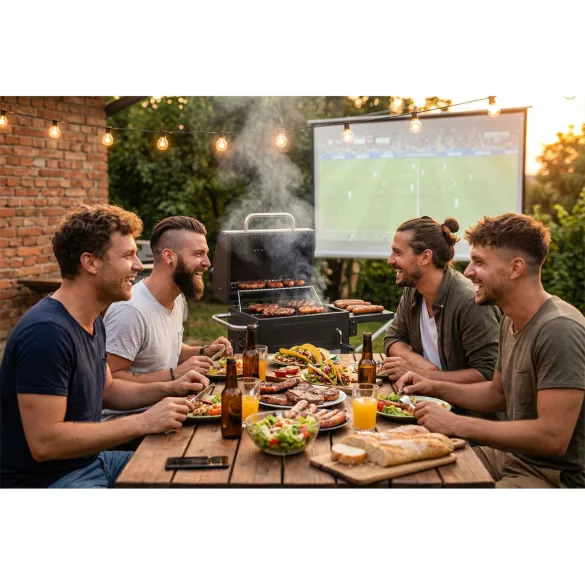Faszenes grill, Berdsen, BD-894, fekete, acél, 107 x 80 x 50 cm, kéménnyel, beépített hőmérő, öntöttvas rács: 46 x 35 cm, kerekek