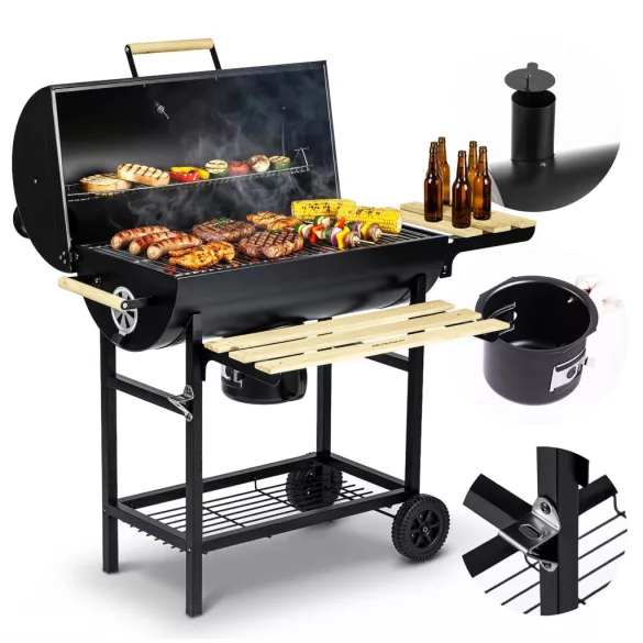 Faszenes grill, Berdsen BD-895, fekete, acél, 111 x 64 x 107 cm, kéménnyel, beépített hőmérő, öntöttvas rács: 70 x 35 cm, kerekek (TE389500)
