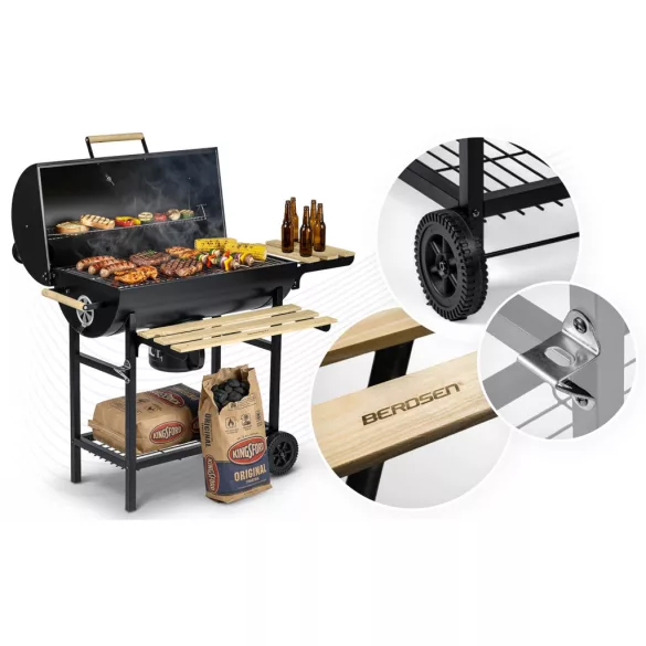 Faszenes grill, Berdsen BD-895, fekete, acél, 111 x 64 x 107 cm, kéménnyel, beépített hőmérő, öntöttvas rács: 70 x 35 cm, kerekek (TE389500)