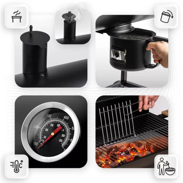Faszenes grill, Berdsen BD-895, fekete, acél, 111 x 64 x 107 cm, kéménnyel, beépített hőmérő, öntöttvas rács: 70 x 35 cm, kerekek (TE389500)