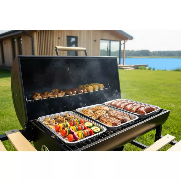 Faszenes grill, Berdsen BD-895, fekete, acél, 111 x 64 x 107 cm, kéménnyel, beépített hőmérő, öntöttvas rács: 70 x 35 cm, kerekek (TE389500)